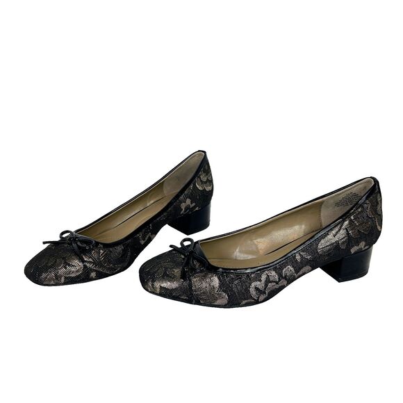 Bandolino Xylon Black + Gold Lace Brocade Ballet Shoes Block Heel Square Toe 7.5 - Picture 3 of 9